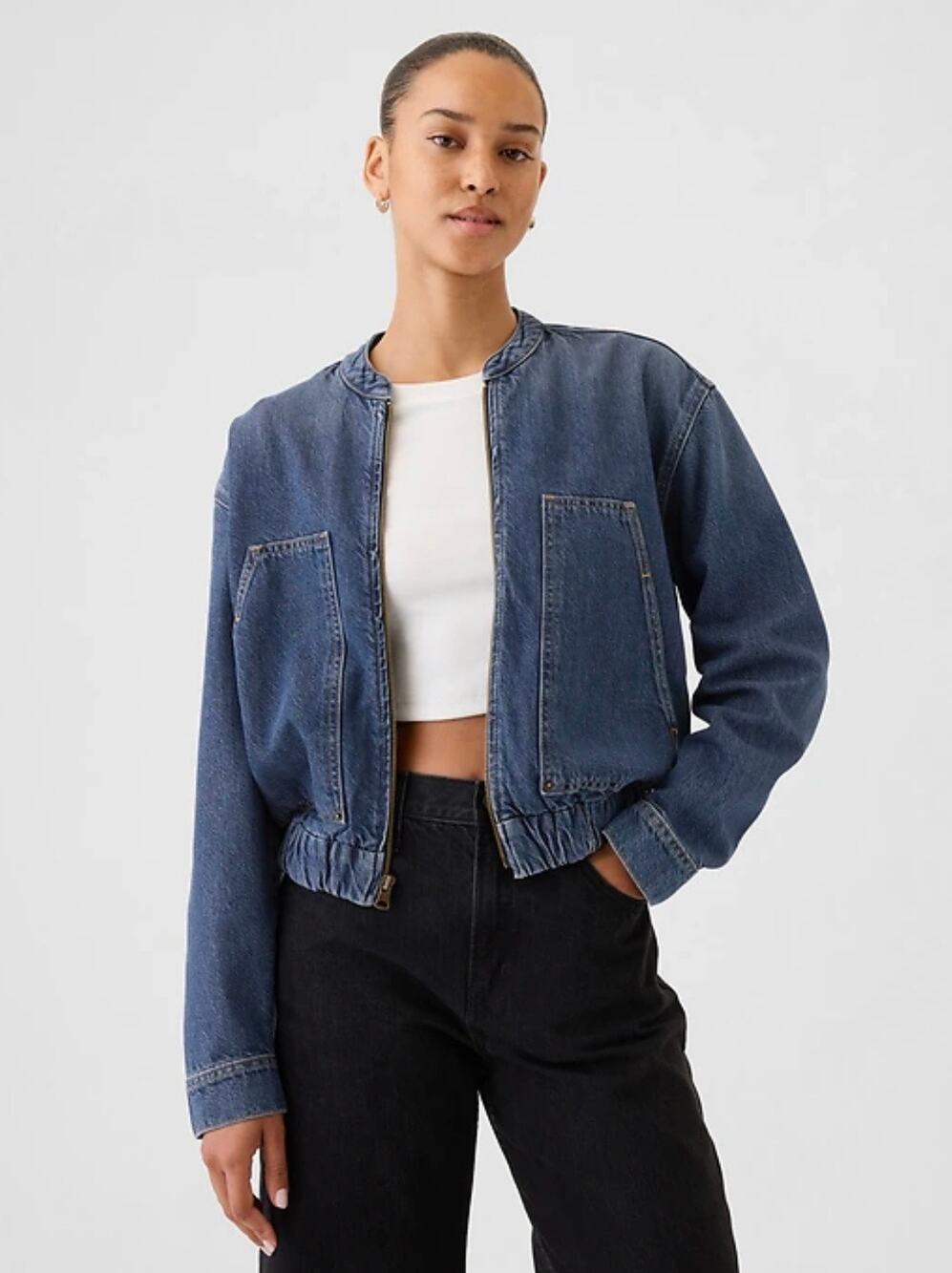 Gap UltraSoft Denim Cropped Bomber Jacket Oversized Medium Tall Blue Zip -